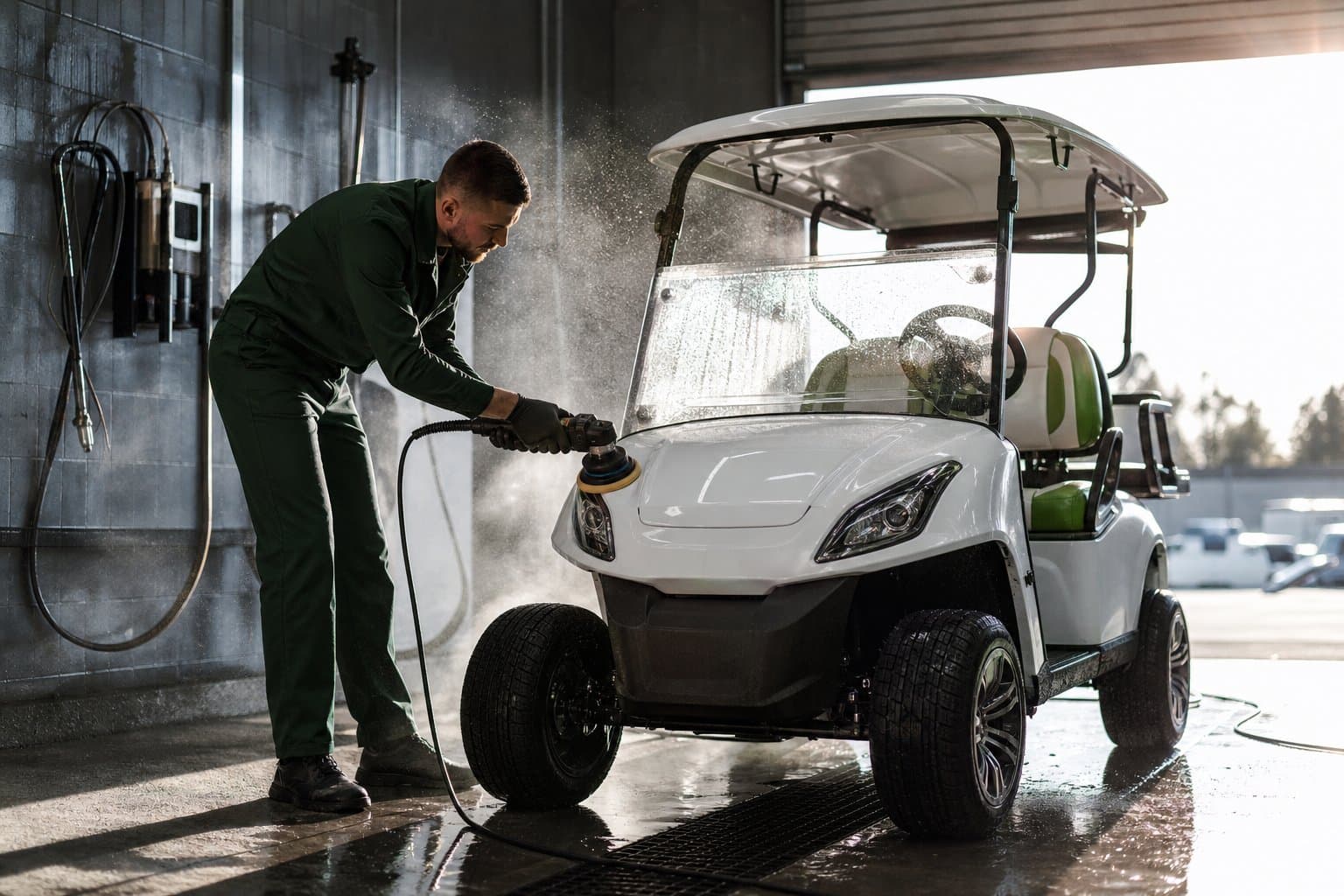 Golf cart being polished and detailed on the Sequence Golf Carts wash bay before dispatch