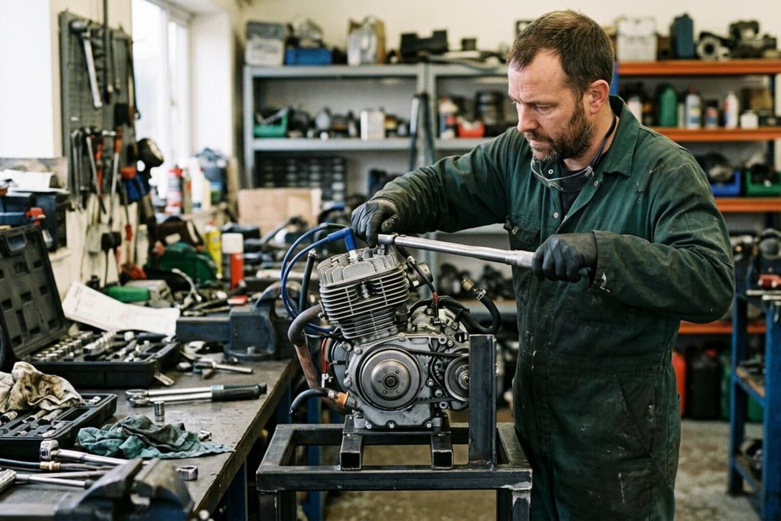 Rebuilt petrol golf cart engine on a torque bench being assembled by a Sequence Golf Carts technician