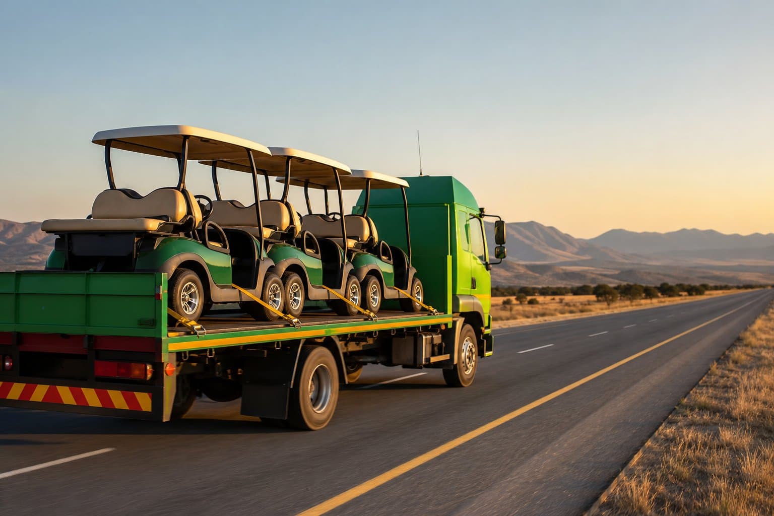 Sequence Golf Carts transporter carrying carts on a South African highway