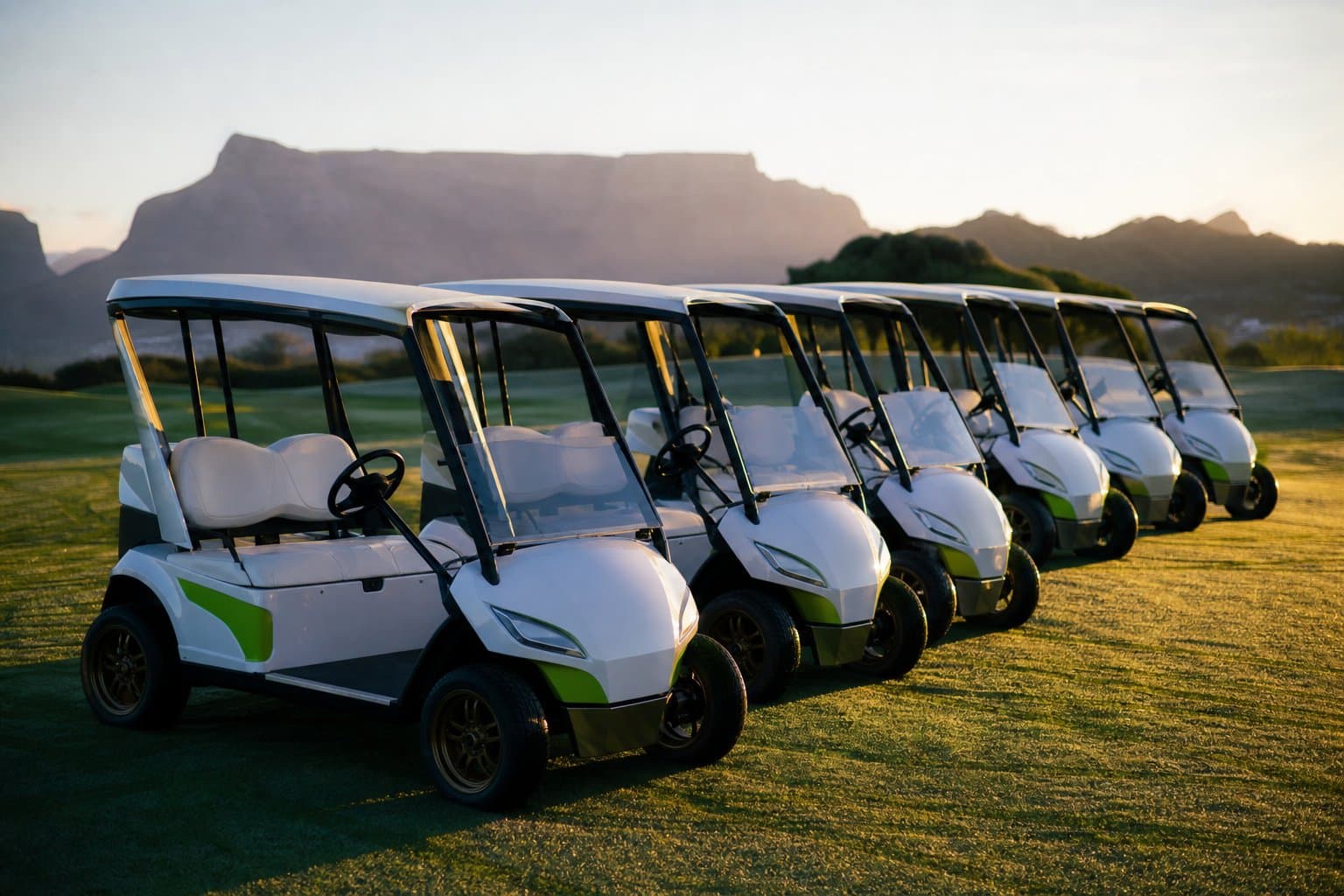 A fleet of white and lime-green Sequence Golf Carts lined up on a Cape golf estate fairway at golden hour